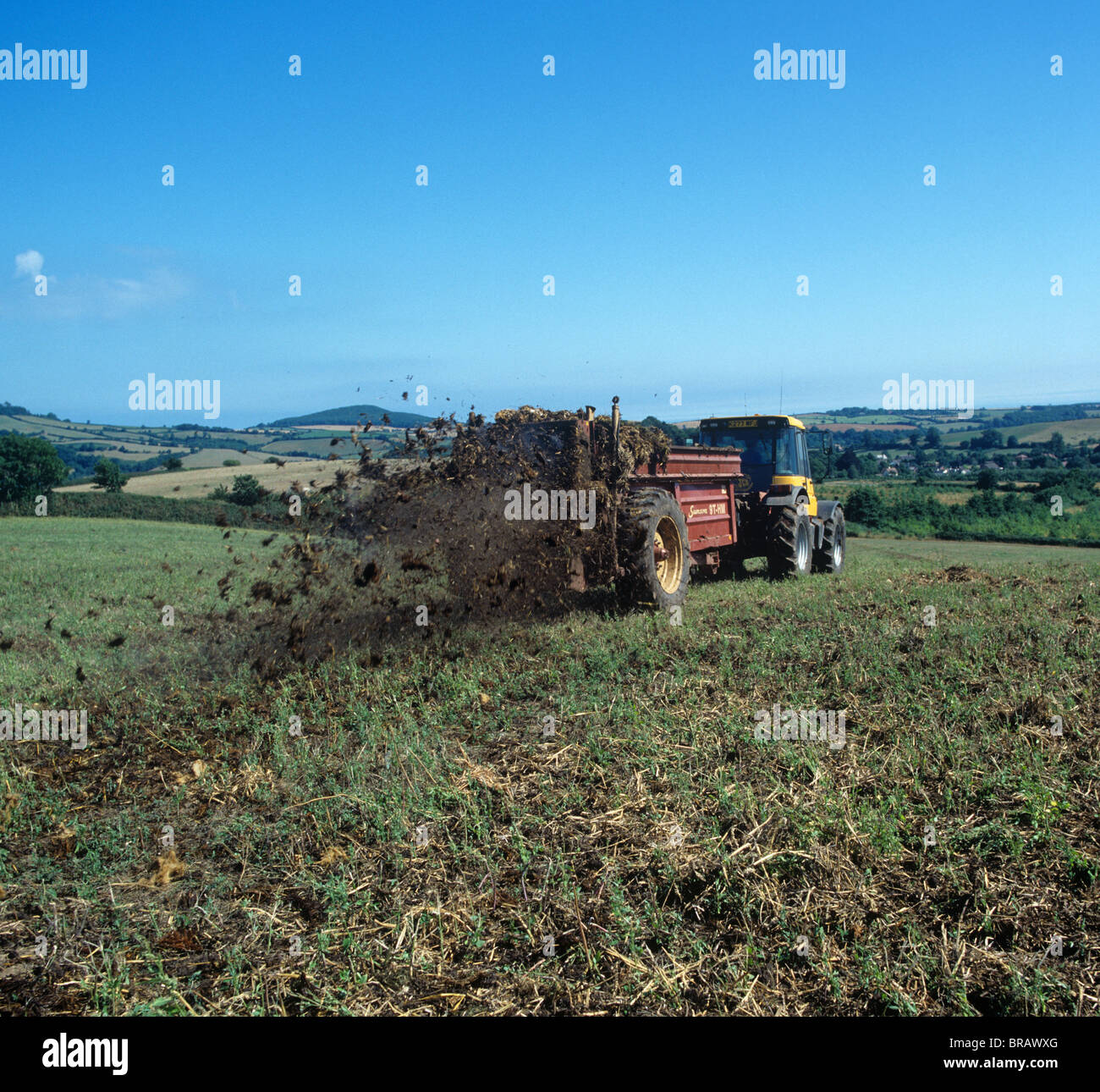 Fastrac Traktor Verbreitung Gülle von Milchvieh auf einem unbebauten Küste Feld, Devon Stockfoto