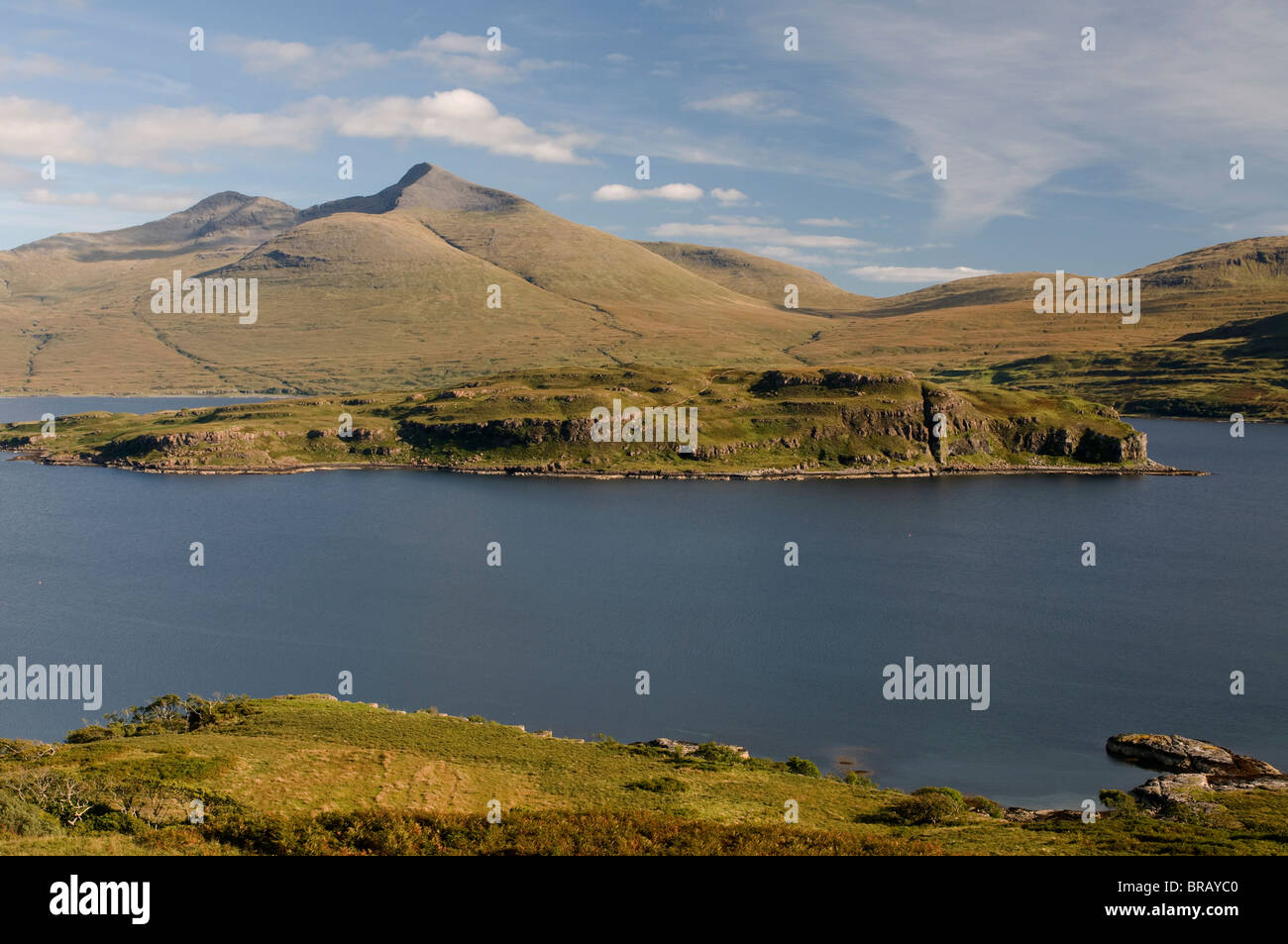 Die unbewohnte Insel Eorsa im Loch Na Keal Mull mit Ben More 967m hoch aufragenden darüber hinaus. Schottland.  SCO 6693 Stockfoto