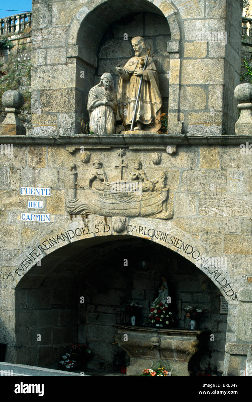 Galizien Spanien - Camino De Santiago - Padron Carmen Fountain - St James Boot, das St James Körper durchgeführt Stockfoto