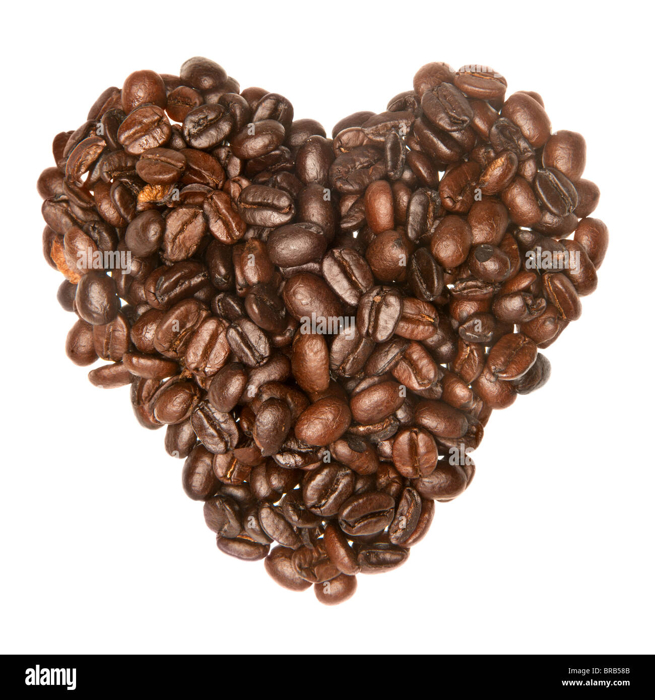 Kaffeebohnen in der Form eines Herzens schließt die Liebe zum Kaffee. Stockfoto