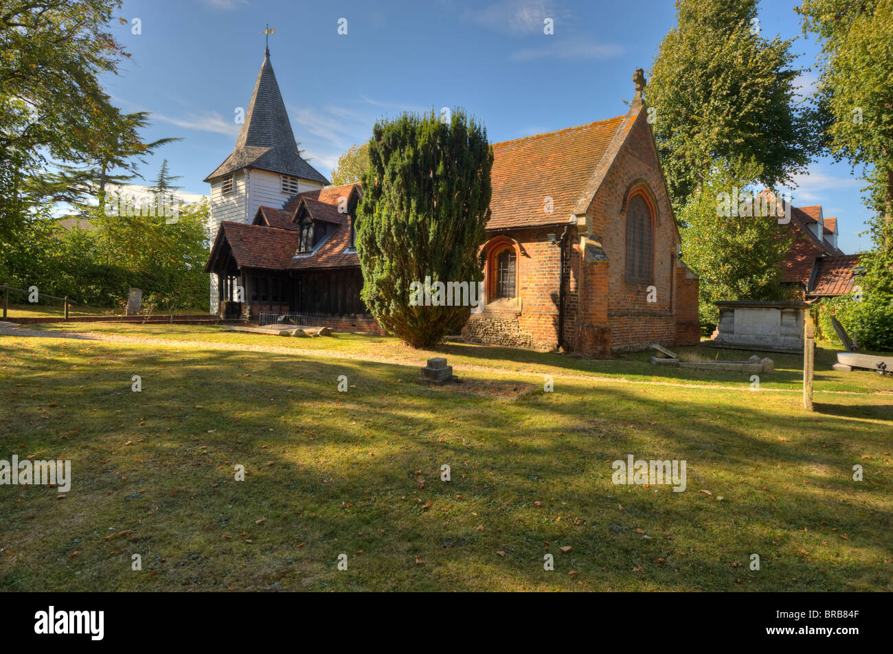 Greenstead Kirche, im Ongar, Essex, England. Dies ist die älteste erhaltene Holzkirche. Einige tragende Hölzer stammen aus 12. Jahrhundert Stockfoto