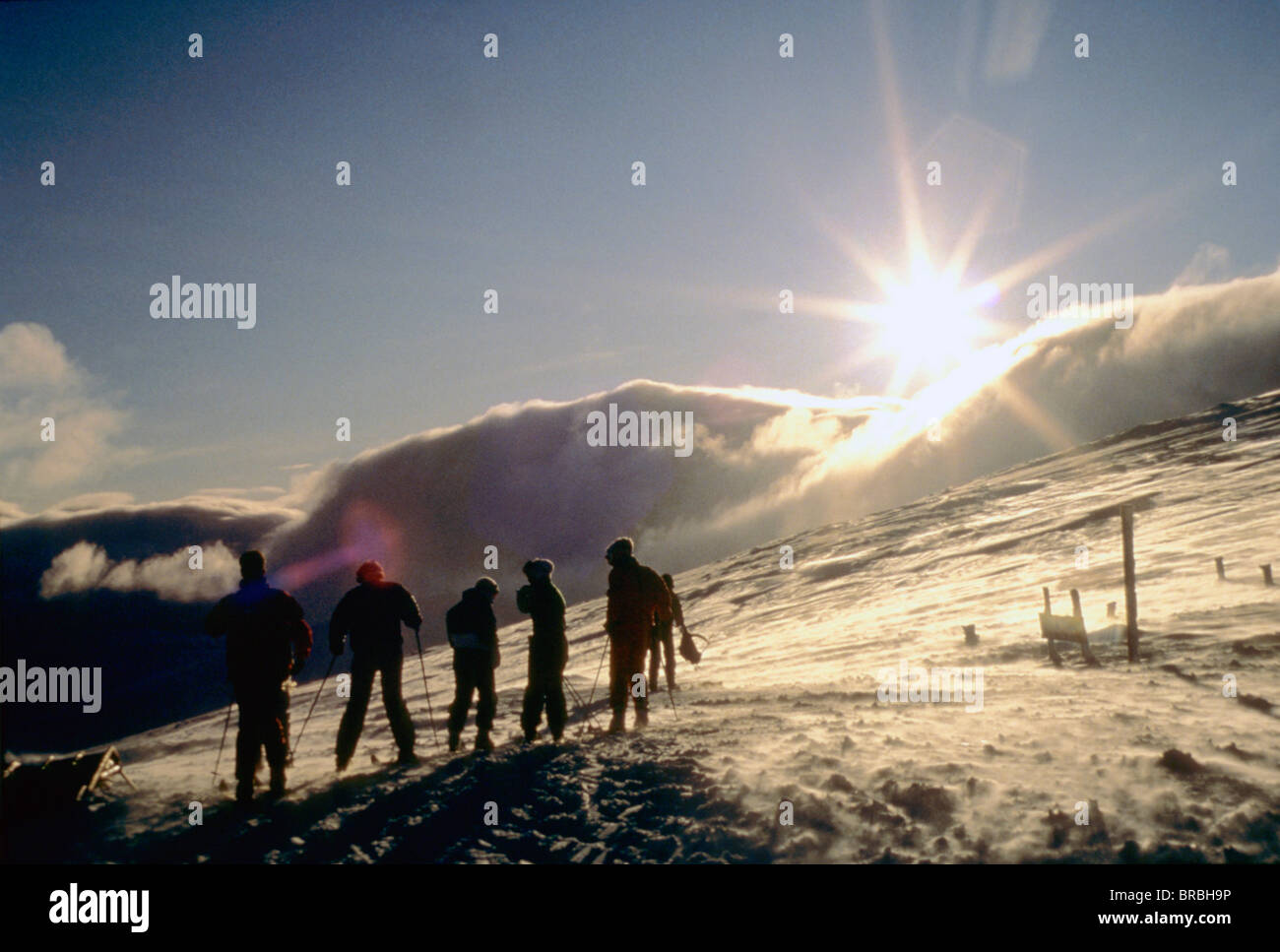 Gruppe von Skifahrern gesehen gegen Sonne und Mountainbike-Pisten festlegen Stockfoto