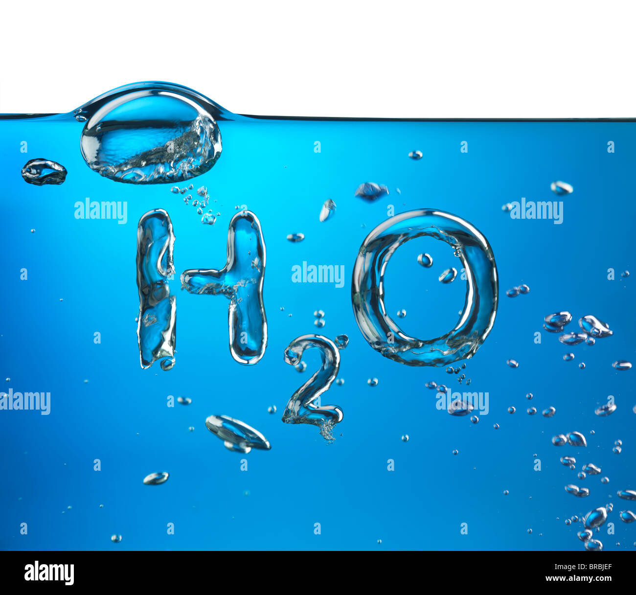 Lizenz erhältlich unter MaximImages.com - Formel von Wasser H2O aus Sauerstoffblasen, Konzeptbild. Stockfoto