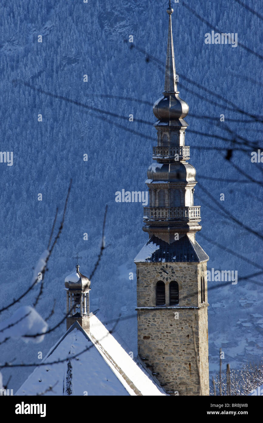Combloux Kirchturm Combloux, Haute Savoie, Frankreich Stockfoto