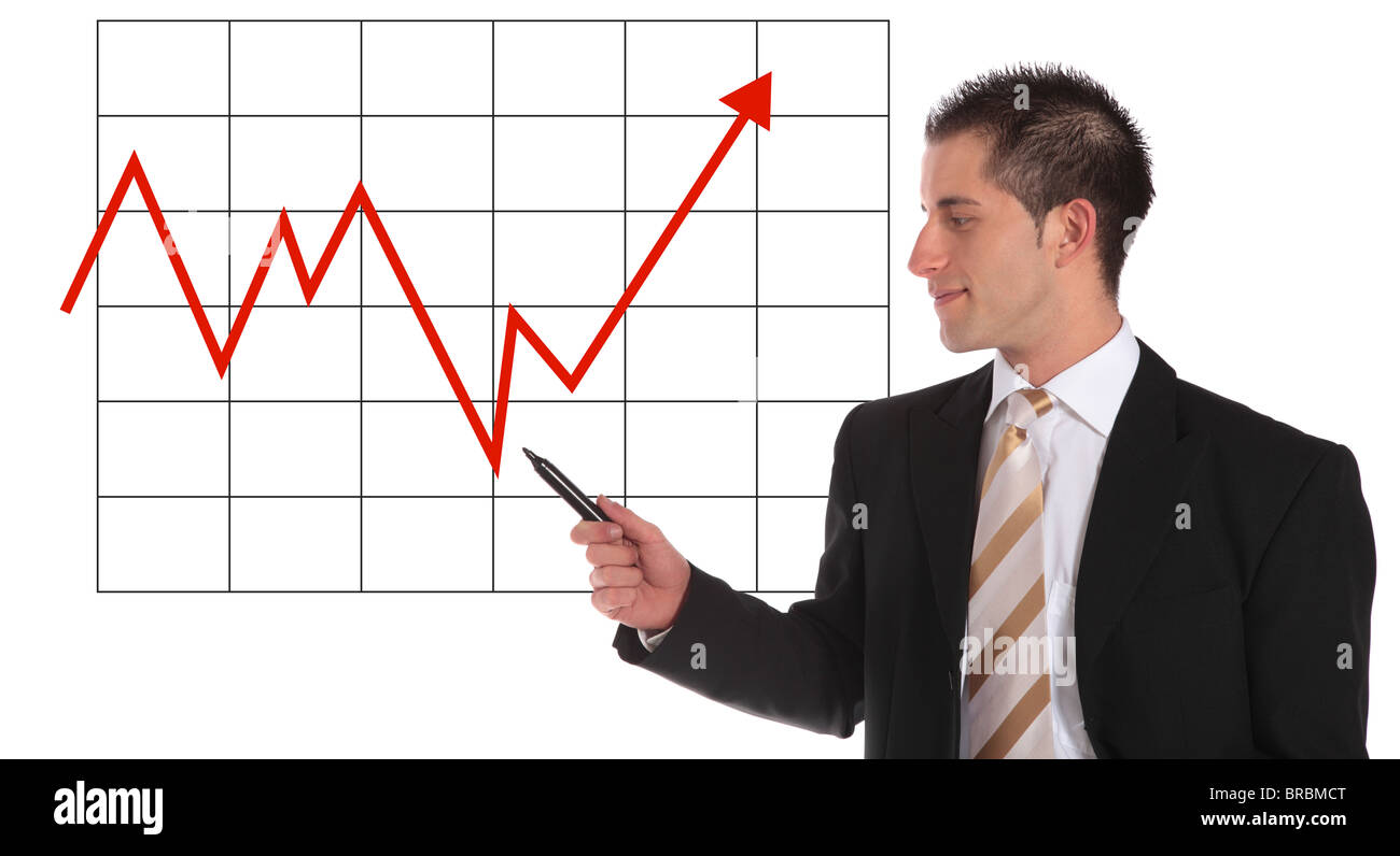 Ein hübscher Geschäftsmann Vorlage eines Jahresberichts Gleichgewicht. Alle auf weißem Hintergrund. Stockfoto