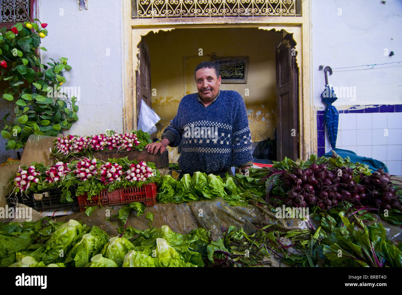 Mann, Verkauf von Gemüse auf dem Basar von Meknès, Marokko, Nordafrika Stockfoto