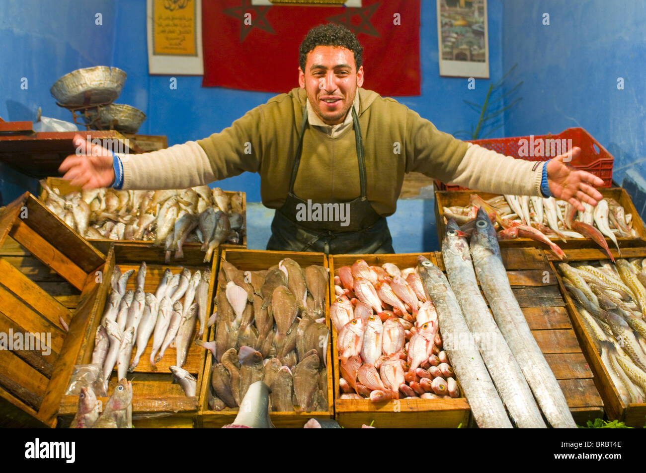 Mann, Verkauf von Fischen auf dem Basar von Meknès, Marokko, Nordafrika Stockfoto