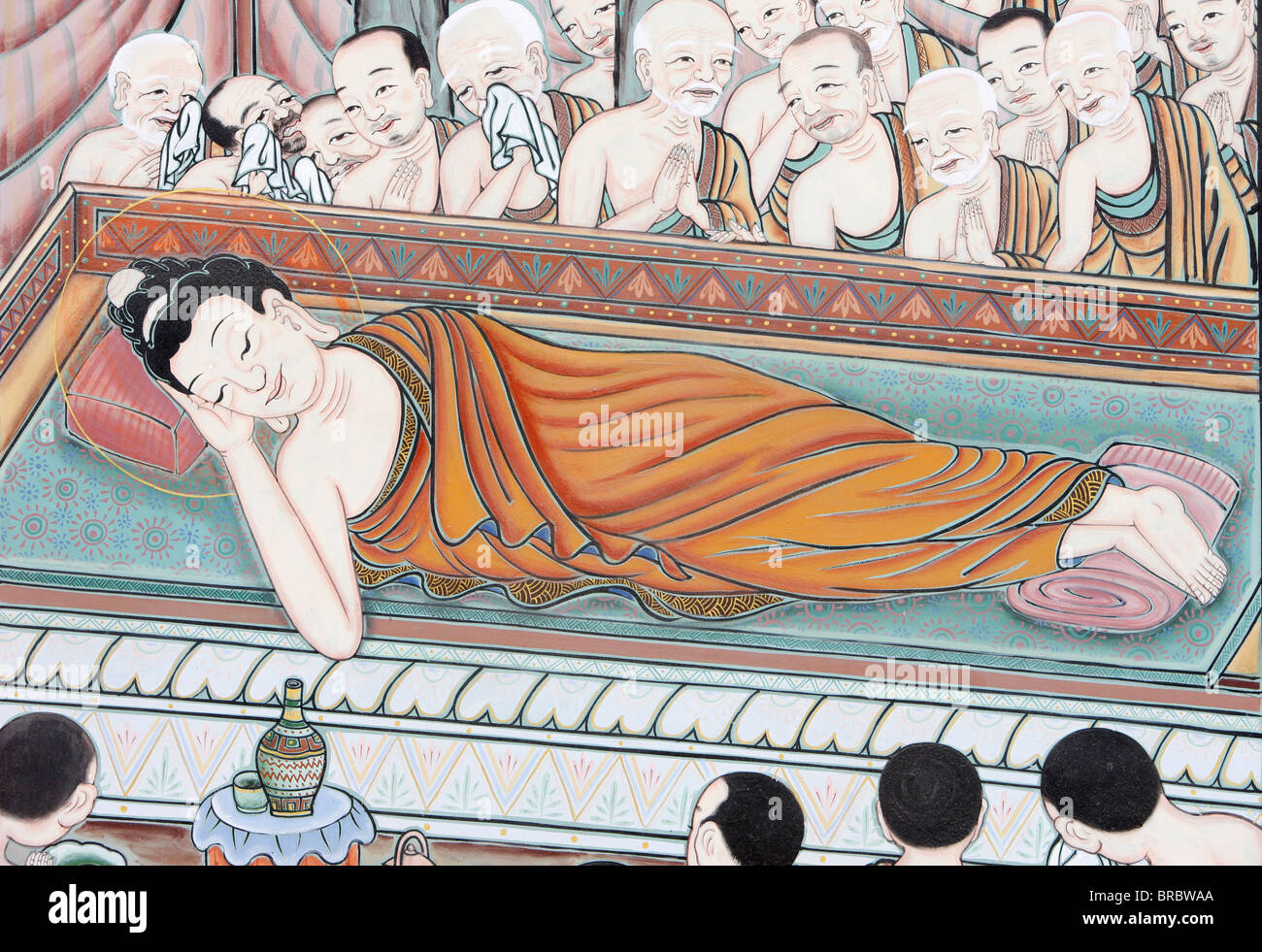 Nach 45 Jahren den Dharma zu lehren übergebene Buddha Parinirvana, Szene aus dem Leben des Buddha, Seoul, Südkorea Stockfoto