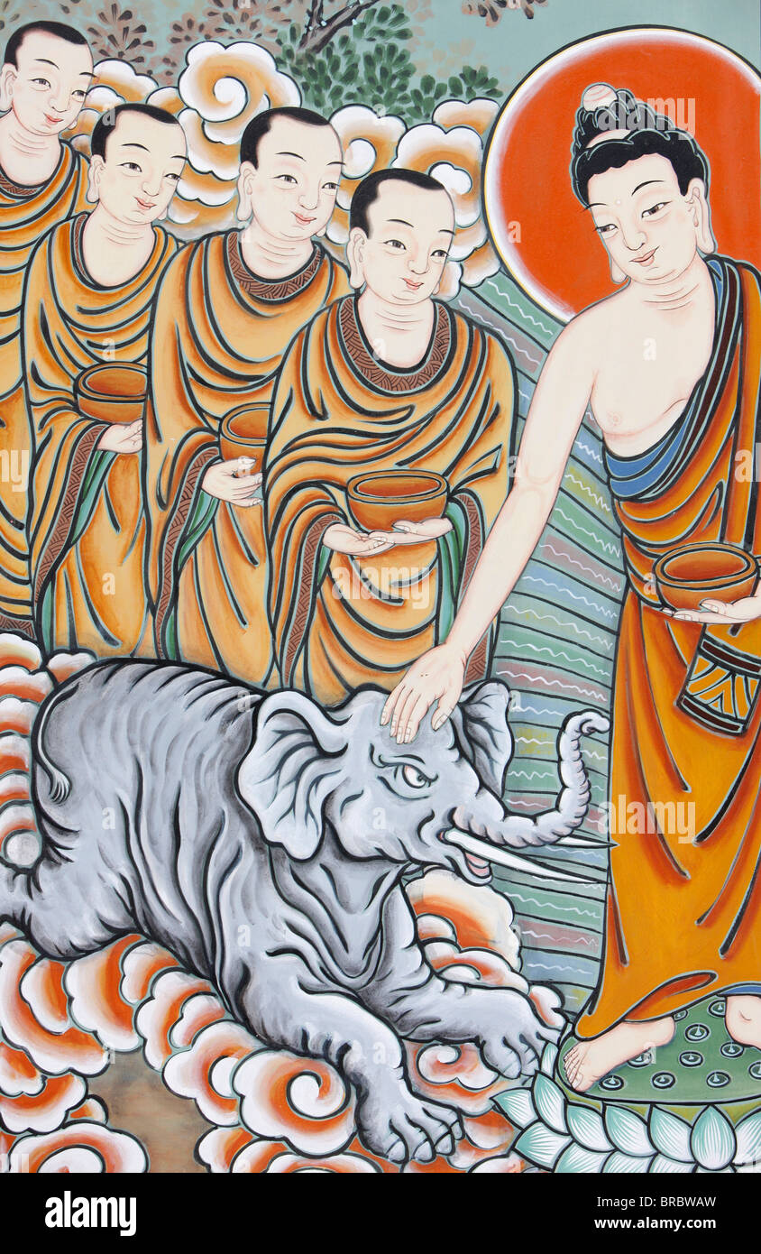 Der Buddha Zähmung eines Elefanten, dargestellt in das Leben des Buddha, Seoul, Südkorea Stockfoto