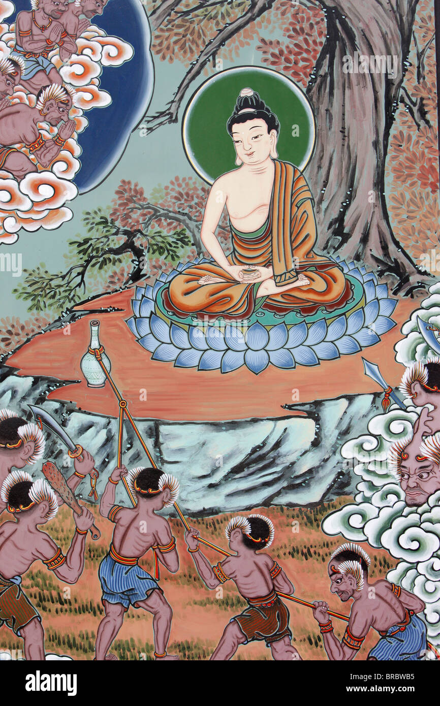 Versuchung und Erleuchtung dargestellt in das Leben des Buddha, Seoul, Südkorea Stockfoto