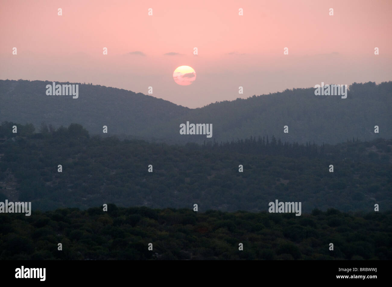 Rosa Sonnenuntergang über Schichten von den Hügeln von Judäa, Israel Stockfoto