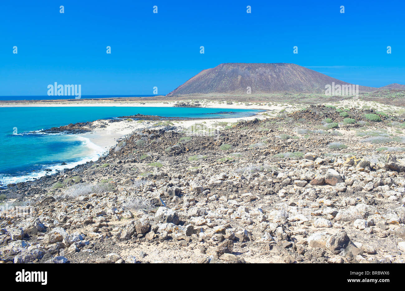 Vulkanische Landschaft und Strand, Isla de Los Lobos, Fuerteventura, Kanarische Inseln, Spanien, Atlantik Stockfoto