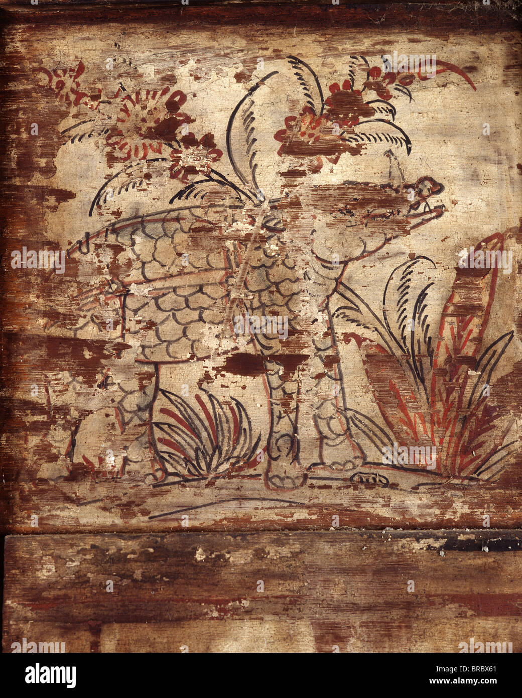 Ein Nashorn, Detail eines Wandbildes aus späten Ayutthaya-Periode im Wat Yai Suwannaram, Petchaburi, Thailand Stockfoto