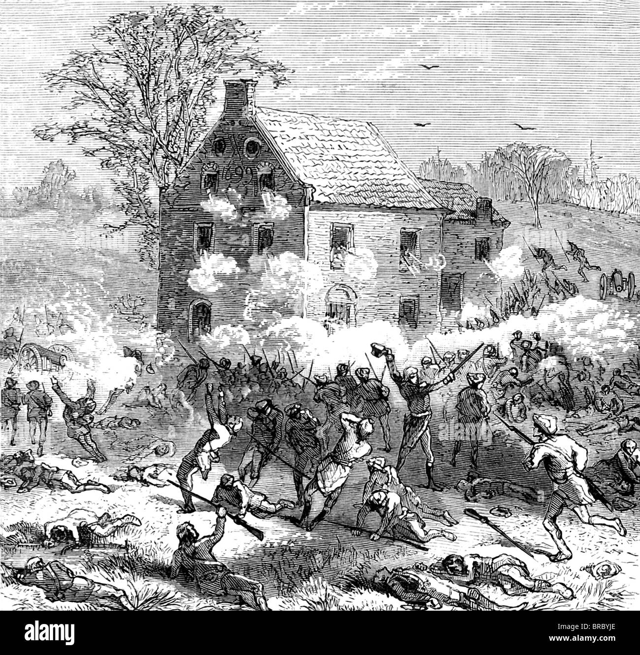 In der Schlacht von Long Island (27.-30. August 1776), gelang es General Stirling die britischen Rückseite Cortelyou Haus fahren. Stockfoto