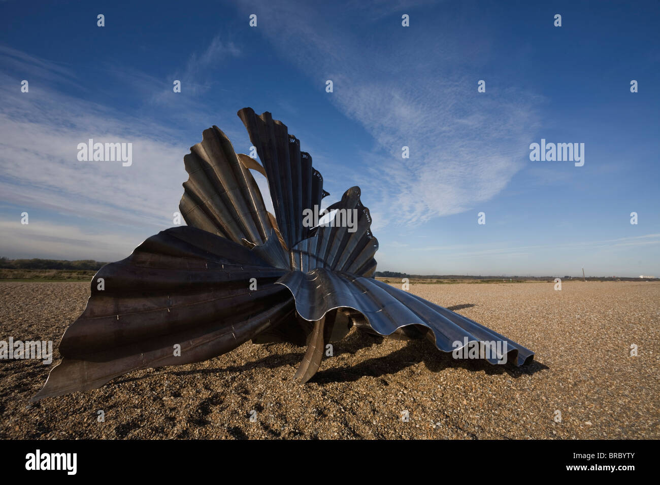 Jakobsmuschel-Skulptur von Maggi Hambling, Aldeburgh, Suffolk, England, UK Stockfoto