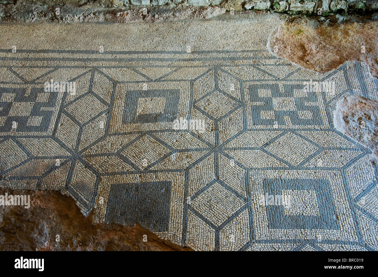 Teil des Mosaik-Fußboden, Fishbourne Roman Palace in der Nähe von Chichester, Sussex, England, UK Stockfoto