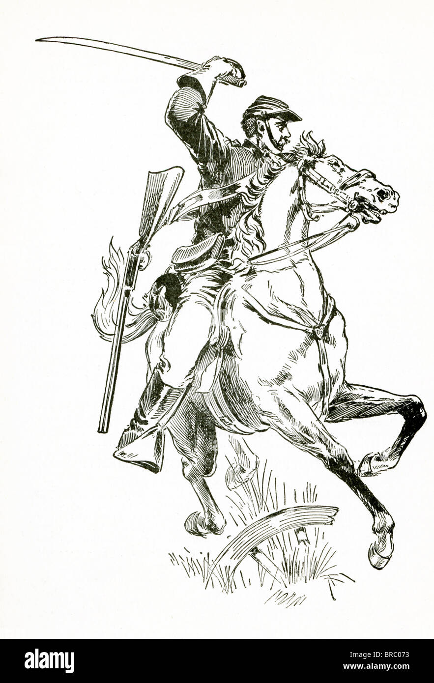 Eine militärische Kavallerie Führer während des amerikanischen Bürgerkriegs (1861 – 1865) führt eine Gebühr - Schwert in der Hand und Gewehr. Stockfoto