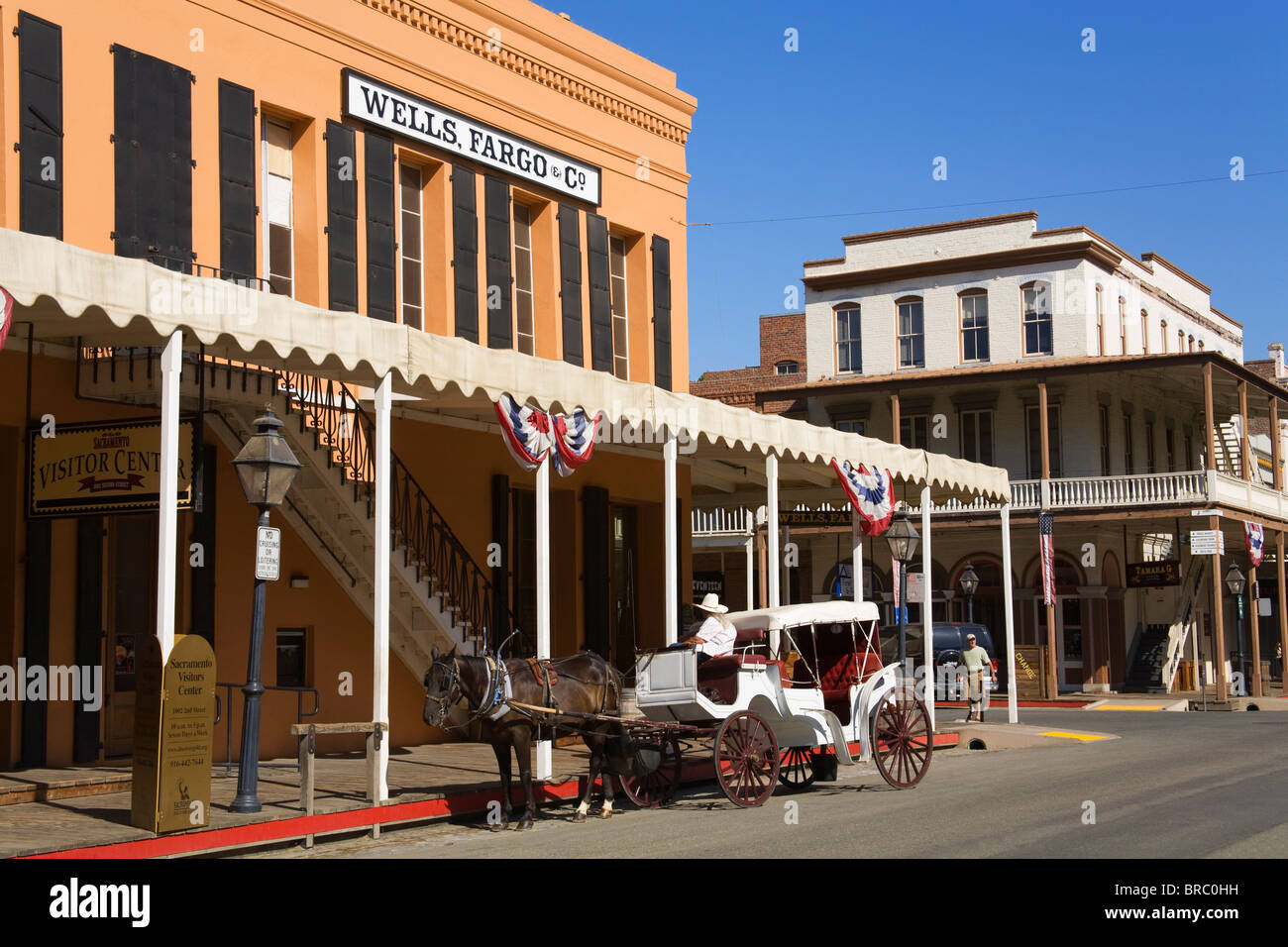 Pferd und Wagen in Old Town Sacramento, Kalifornien, USA Stockfoto
