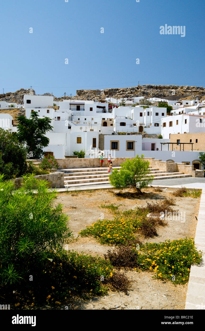 Tradition, die weiß getünchten Häuser Lindos Rhodos Dodekanes Inseln Griechenland Stockfoto