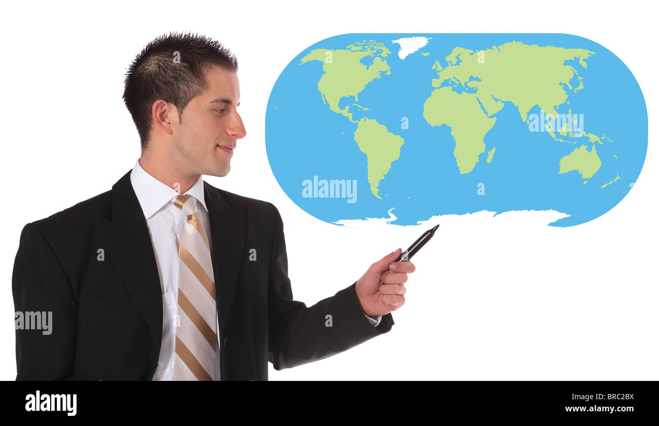 Ein hübscher Geschäftsmann Präsentation von Konzepten der Markterweiterung. Alle auf weißem Hintergrund. Stockfoto