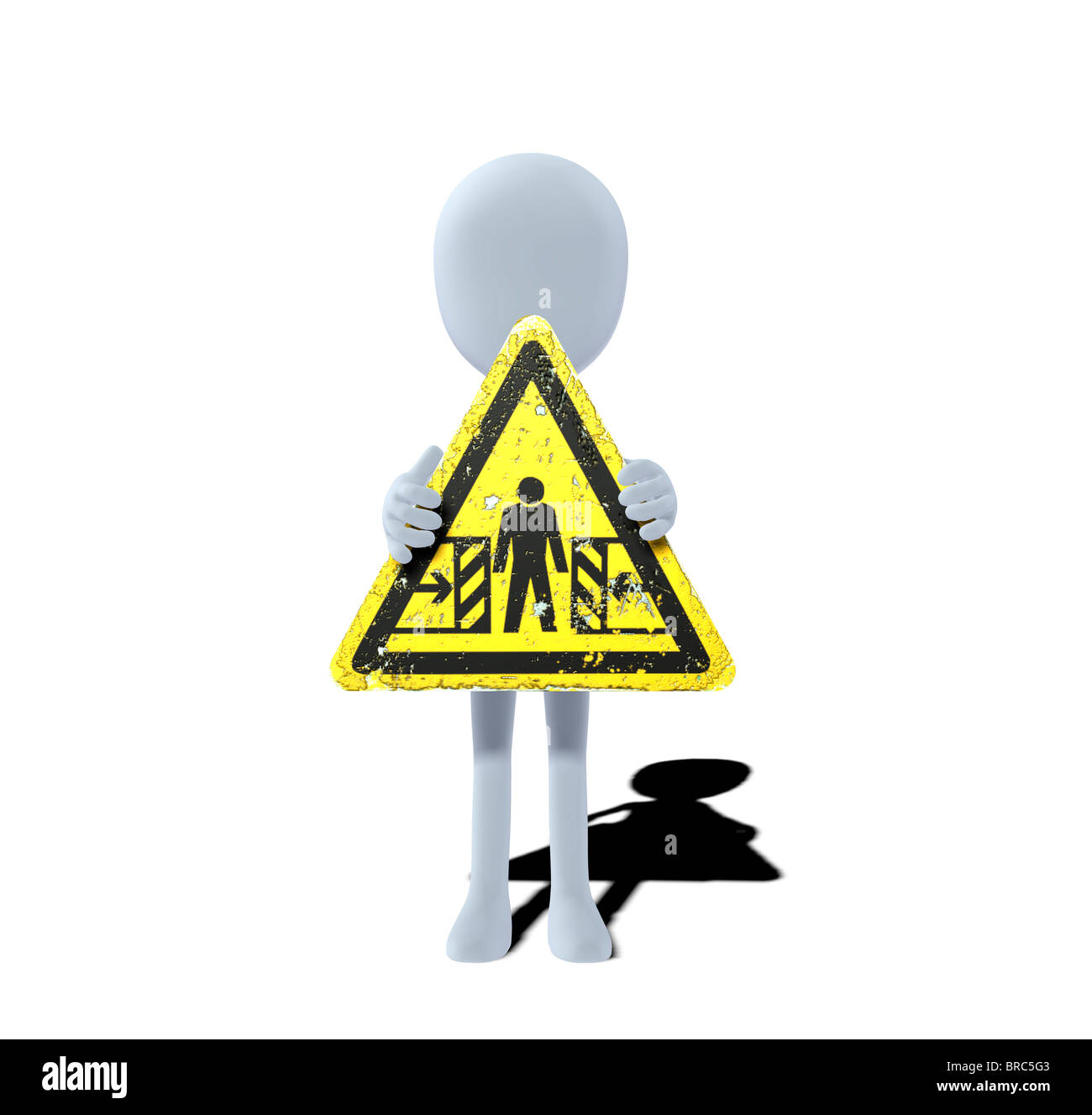 Konzept-Figur mit Warnung Zeichen Gefahr Quetschgefahr Stockfoto
