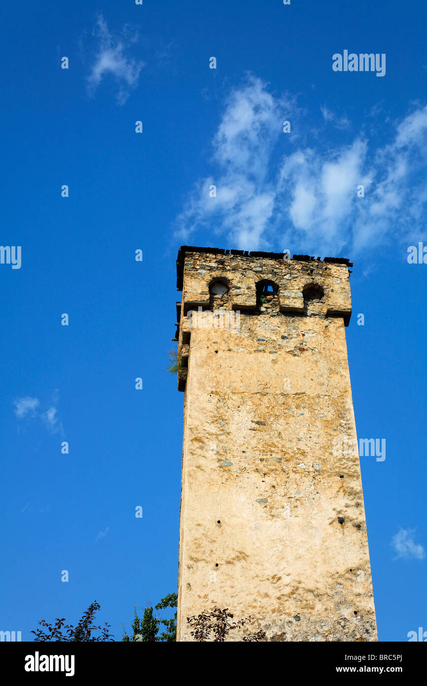 Steinernen Wehrturm, Mestia, Swanetien im großen Kaukasus, Georgien Stockfoto