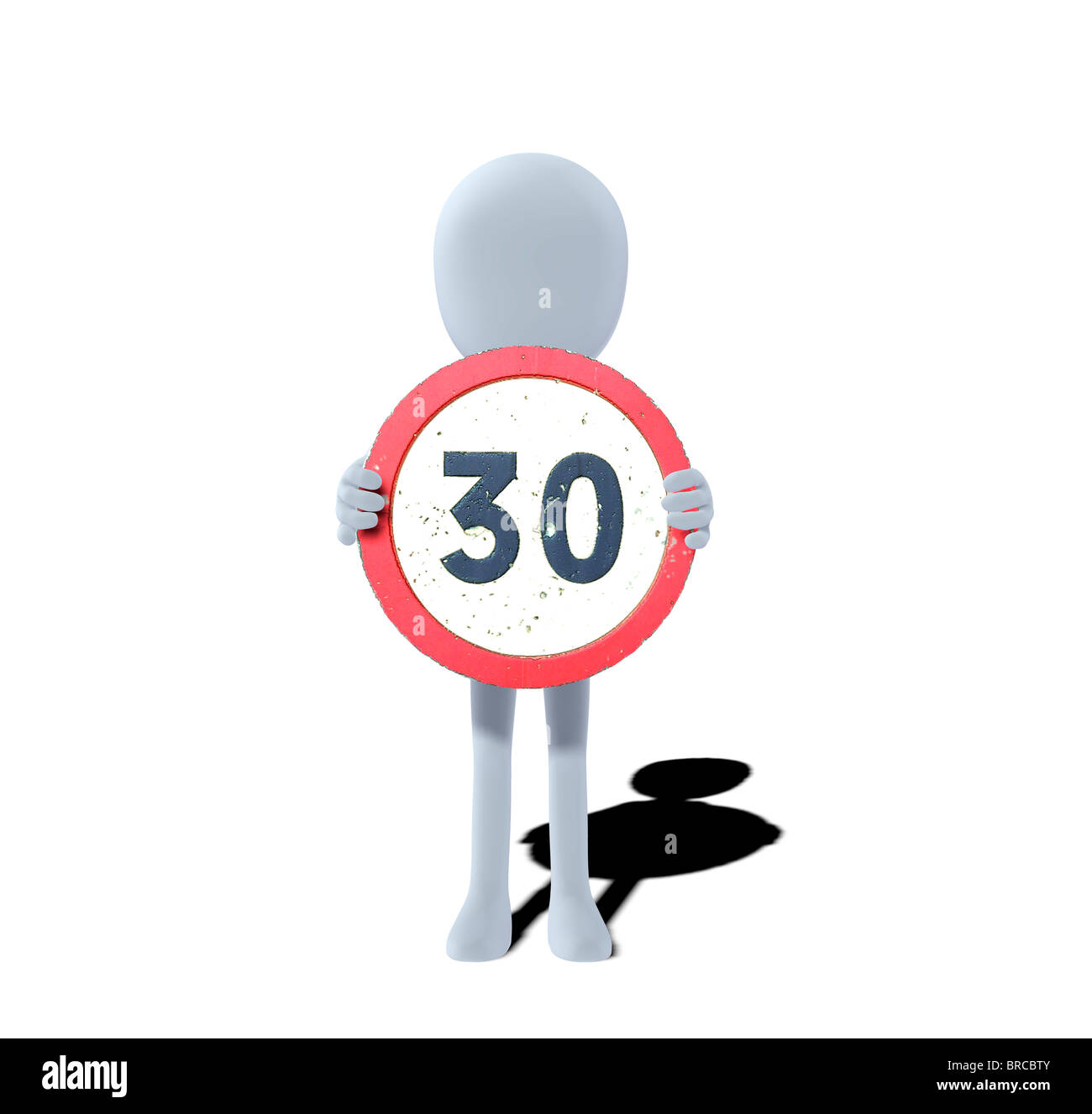 Konzept-Figur mit Schild Geschwindigkeitsbegrenzung 30 Stockfoto