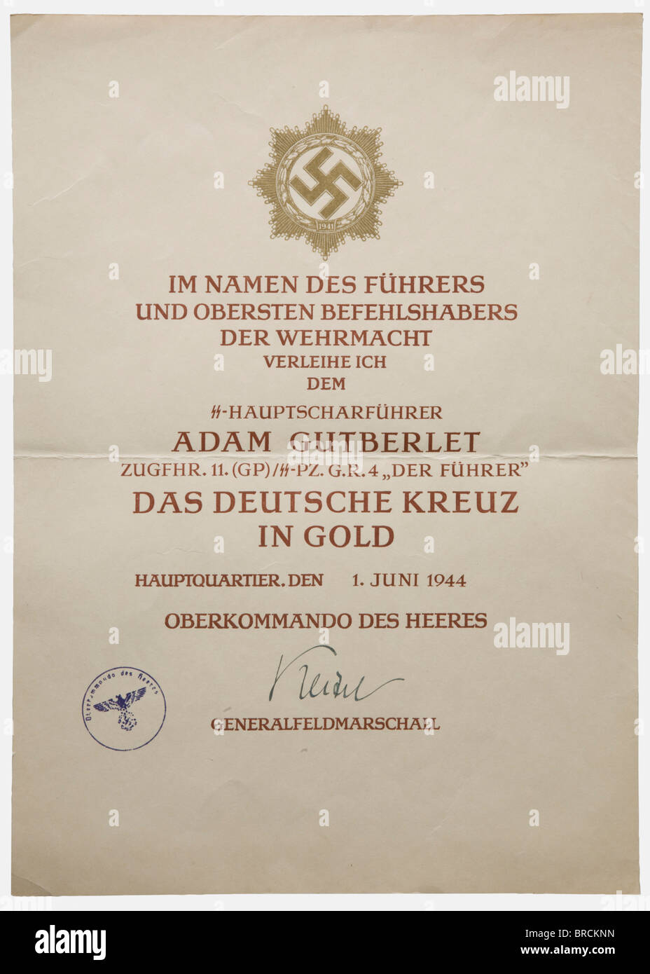 Ein Vergabedokument für das Deutsche Kreuz in Gold, für SS ...
