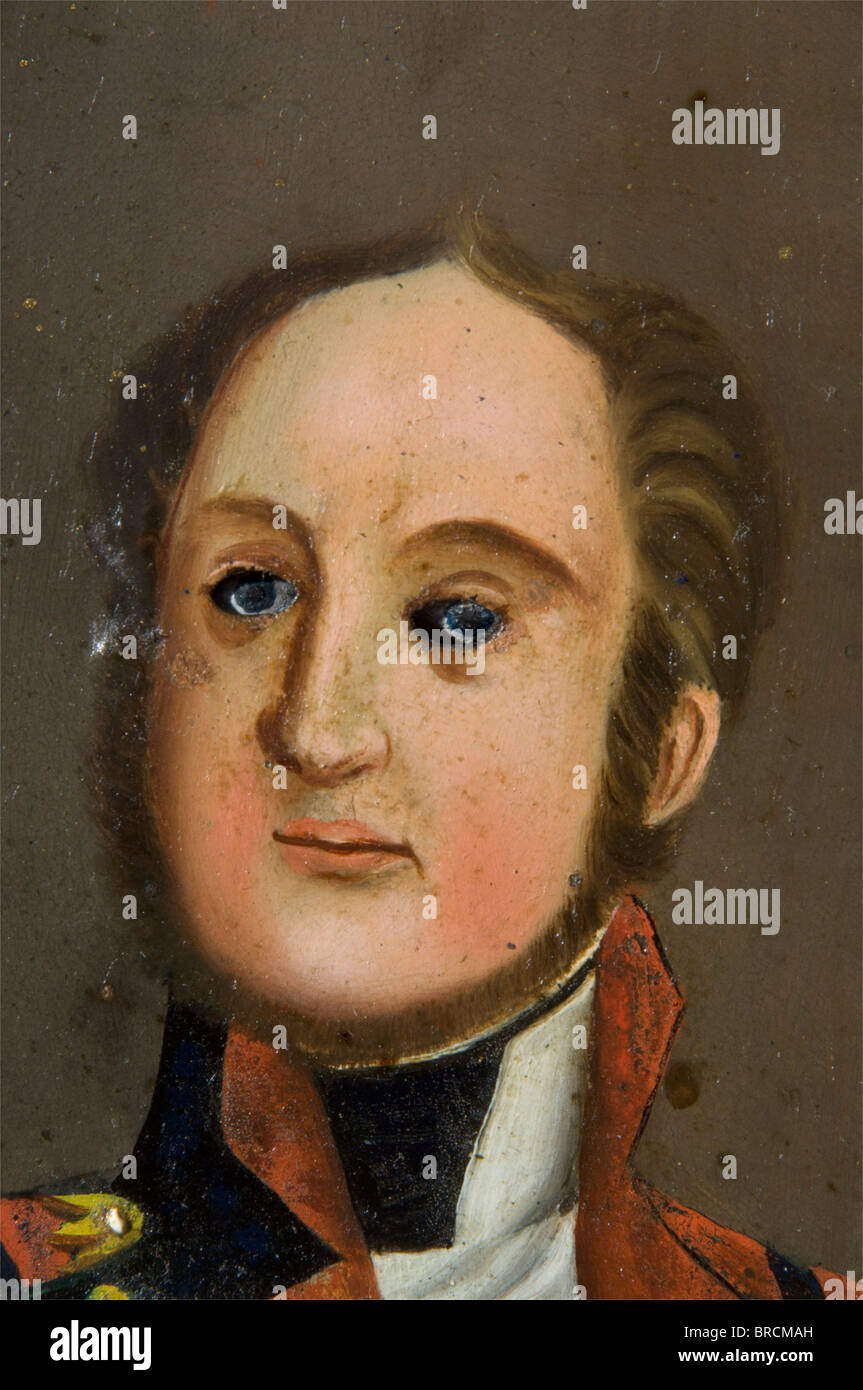 Ludwig I. Großfürst von Baden (173-1830), eine Rollaugenuhr, erste Hälfte des 19. Jahrhunderts Die Vorderseite mit einem Porträt von Großfürst Ludwig I. in einer fiktiven Uniform, Öl auf Holz. Bewegte Augäpfel, emailliertes Messrad in der Mitte. Rechts unten "L. B.E.M." (Ludwig Baden Euer Majestät). In vergoldetem Profilrahmen, unter Glas. Ebonisiertes Holzgehäuse, Bewegung auf Holzbrett mit Schlagmechanismus, Messingpendel, bleigefüllte Messinggewichte. Leichte Gebrauchsspuren, die Bewegung setzt ein. Größe 27 x 32 x 12 cm. Ludwig I. war das letzte Mitglied der Zähringer Dynastie. Stockfoto