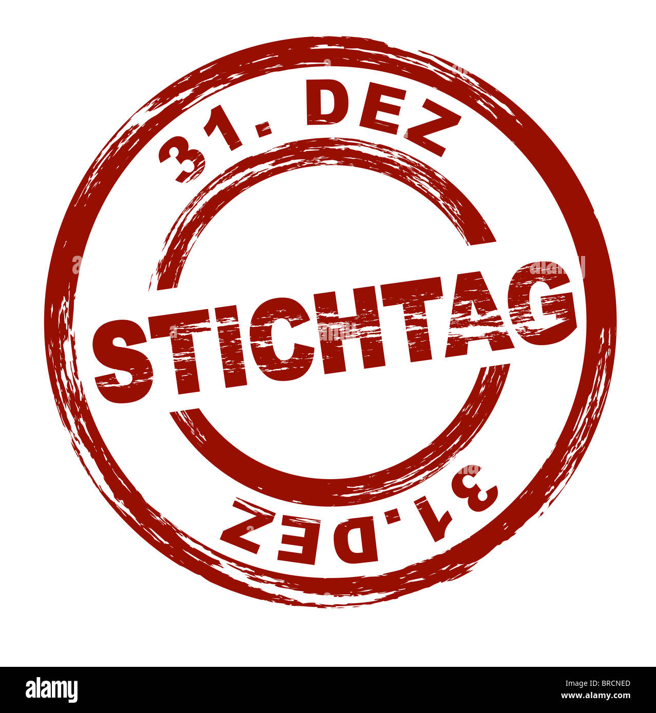 Stilisierte rote Dienststempelabdruck, des deutschen Begriffs Stichtag 31. Dez. Englische Übersetzung: Stichtag 31. Dezember. Alle auf weißem Hintergrund Stockfoto