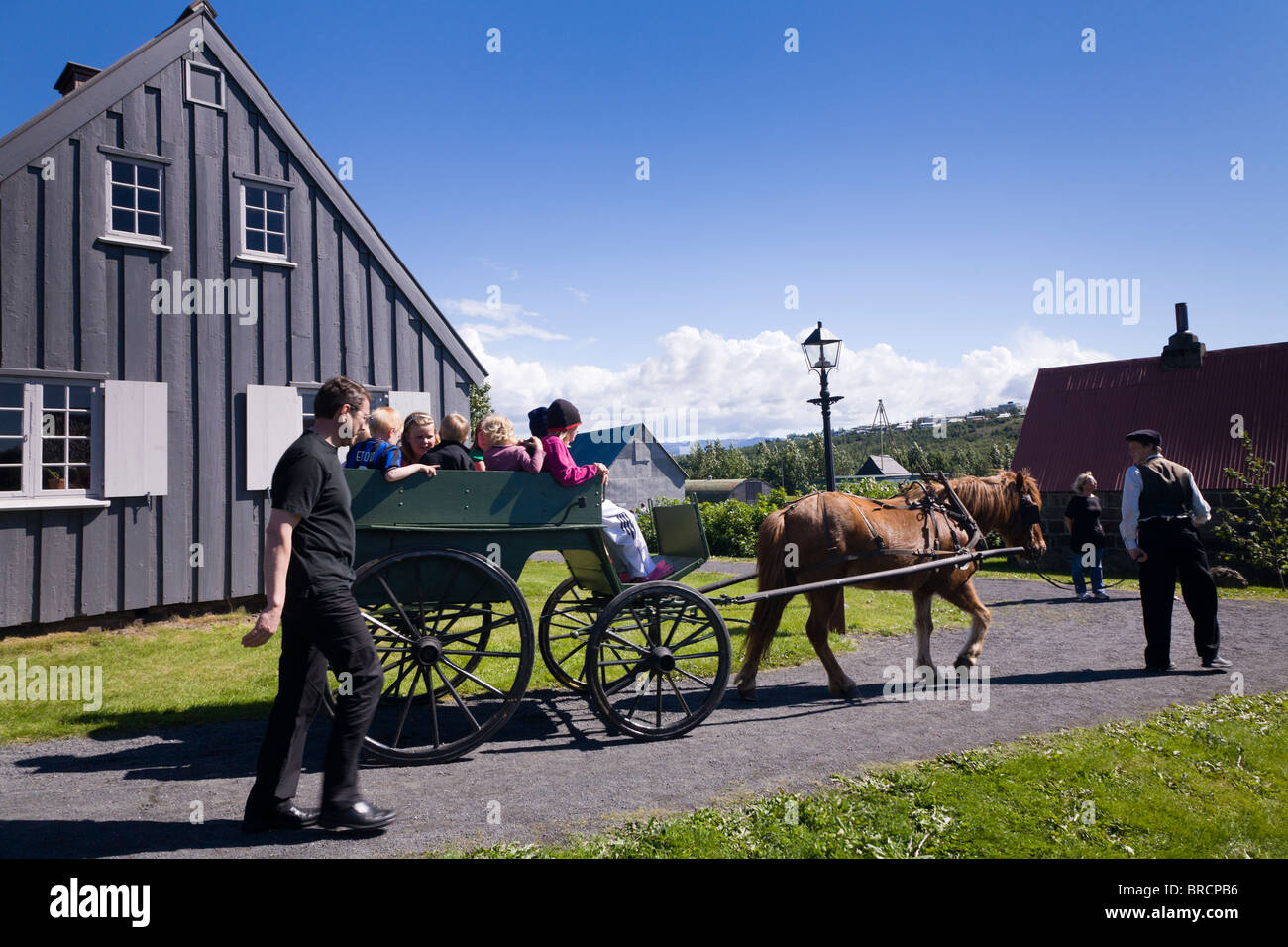 Pferdekutsche im Arbaejarsafn Museum unter freiem Himmel. Reykjavik, Island. Stockfoto