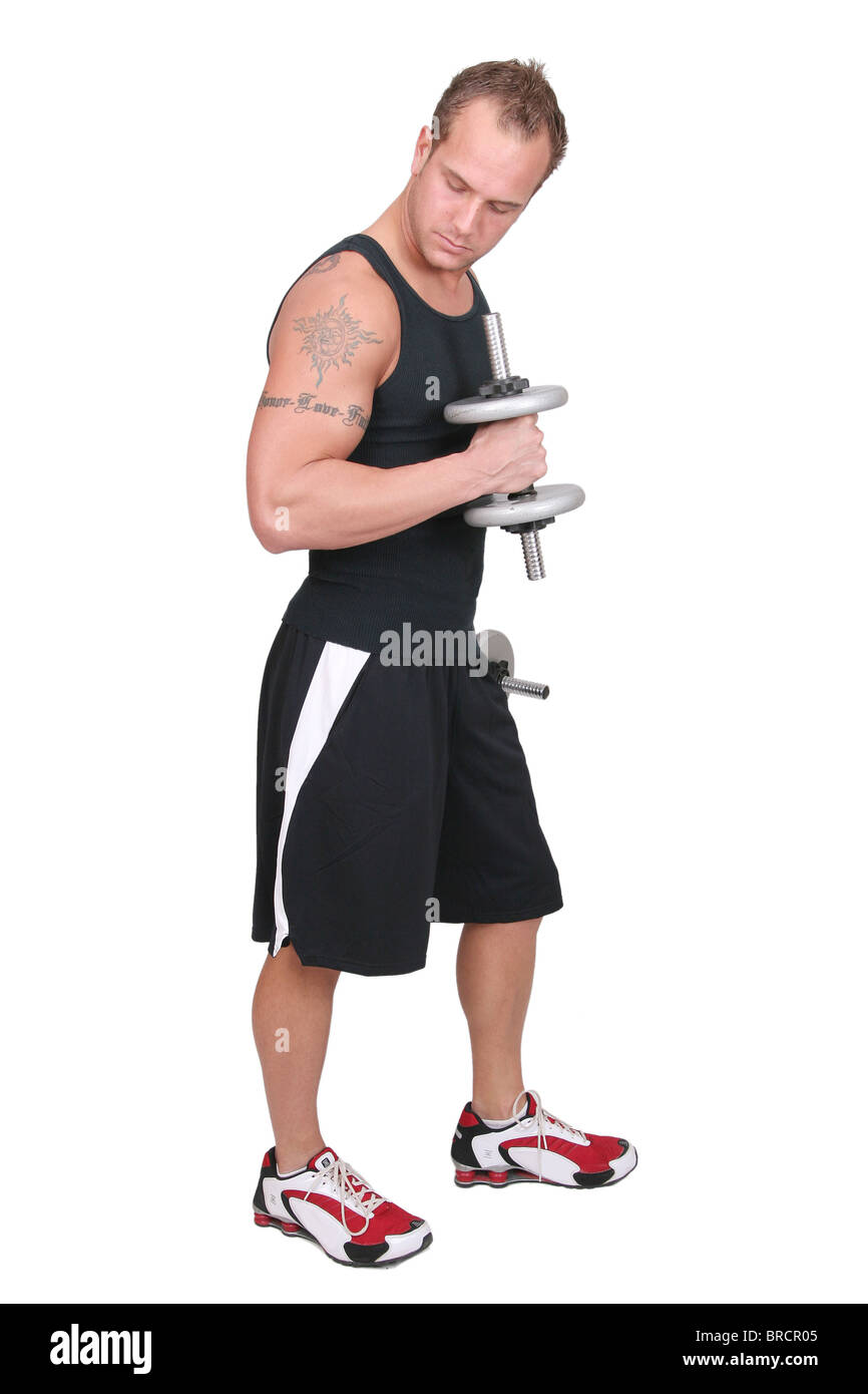 man passt erwachsenen Mannes Stahl Gewichtheben in einem schwarzen Trainings-Outfit auf weiß Stockfoto