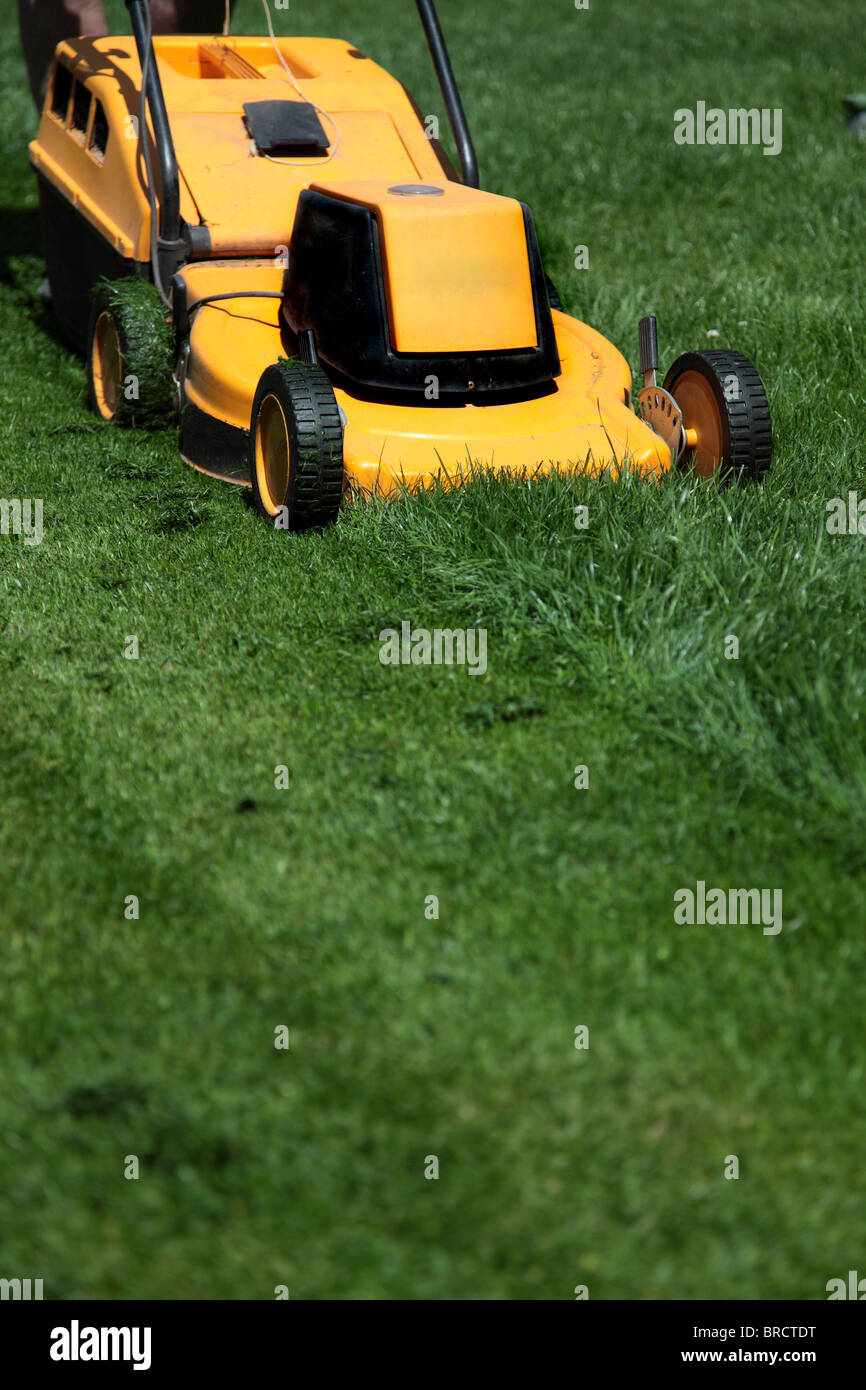Gelbe Rasenmäher auf dem grünen Rasen Stockfotografie - Alamy