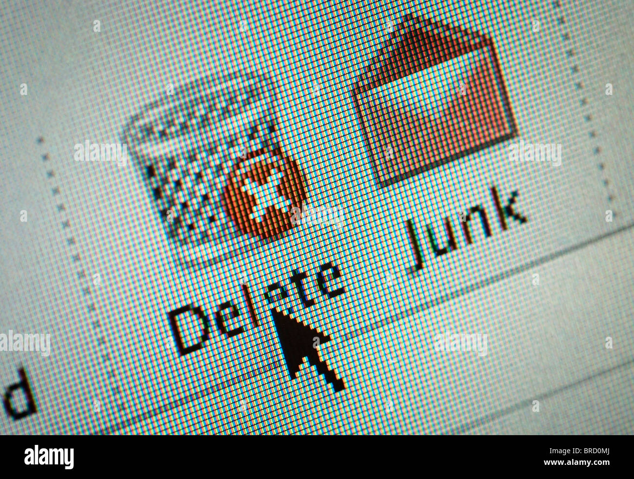 Nahaufnahme von einer Schnittstelle Computer Junk-Mail und löschen-Tasten und ein Pfeil-cursor Stockfoto