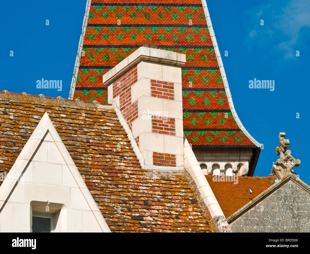 Alten Schornstein und dekorative, geplant und gefliesten Dächer - Frankreich. Stockfoto