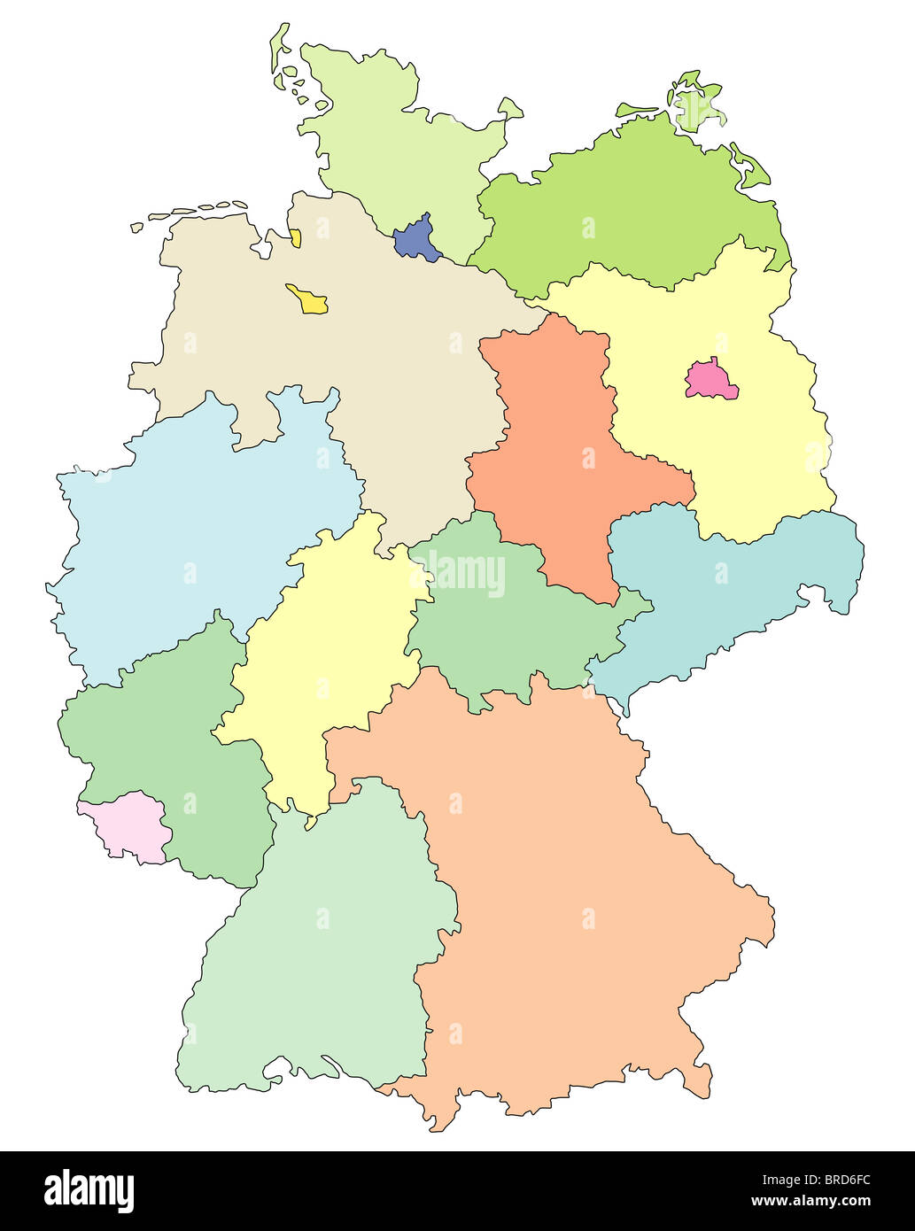 Eine stilisierte Karte von Deutschland in verschiedenen Farben zeigen