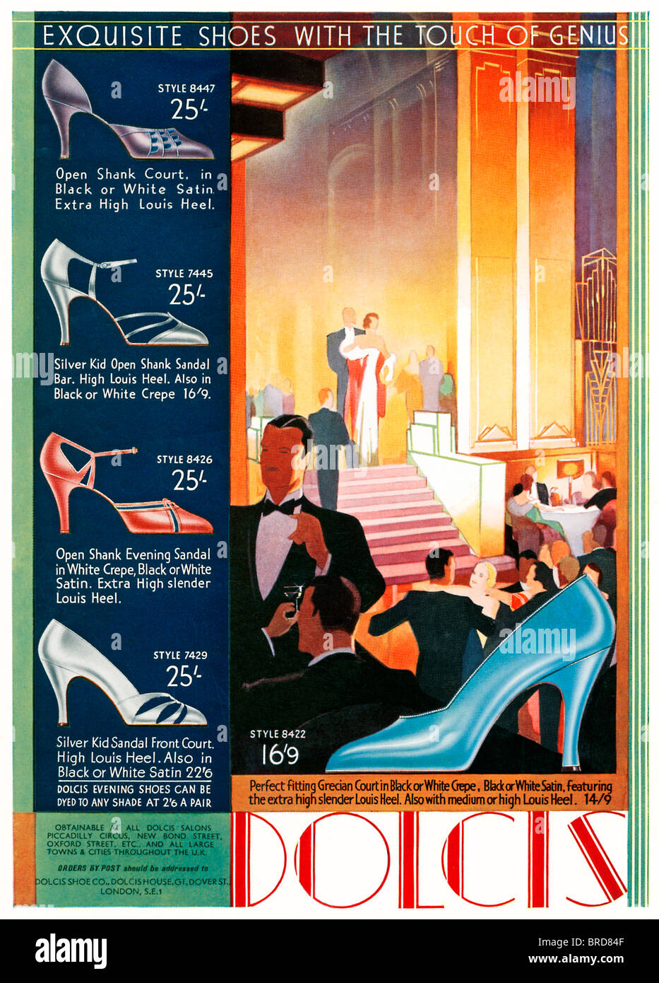 Dolcis Schuhe, Touch Of Genius, 1932 Art-Deco-illustrierte Anzeige für die klassische englische Mode Schuhe Stockfoto