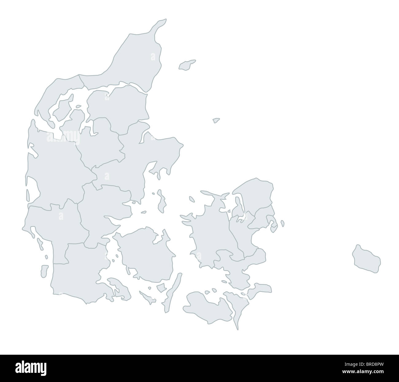 Eine stilisierte Karte von Dänemark mit den verschiedenen Provinzen. Alle isoliert auf weißem Hintergrund. Stockfoto