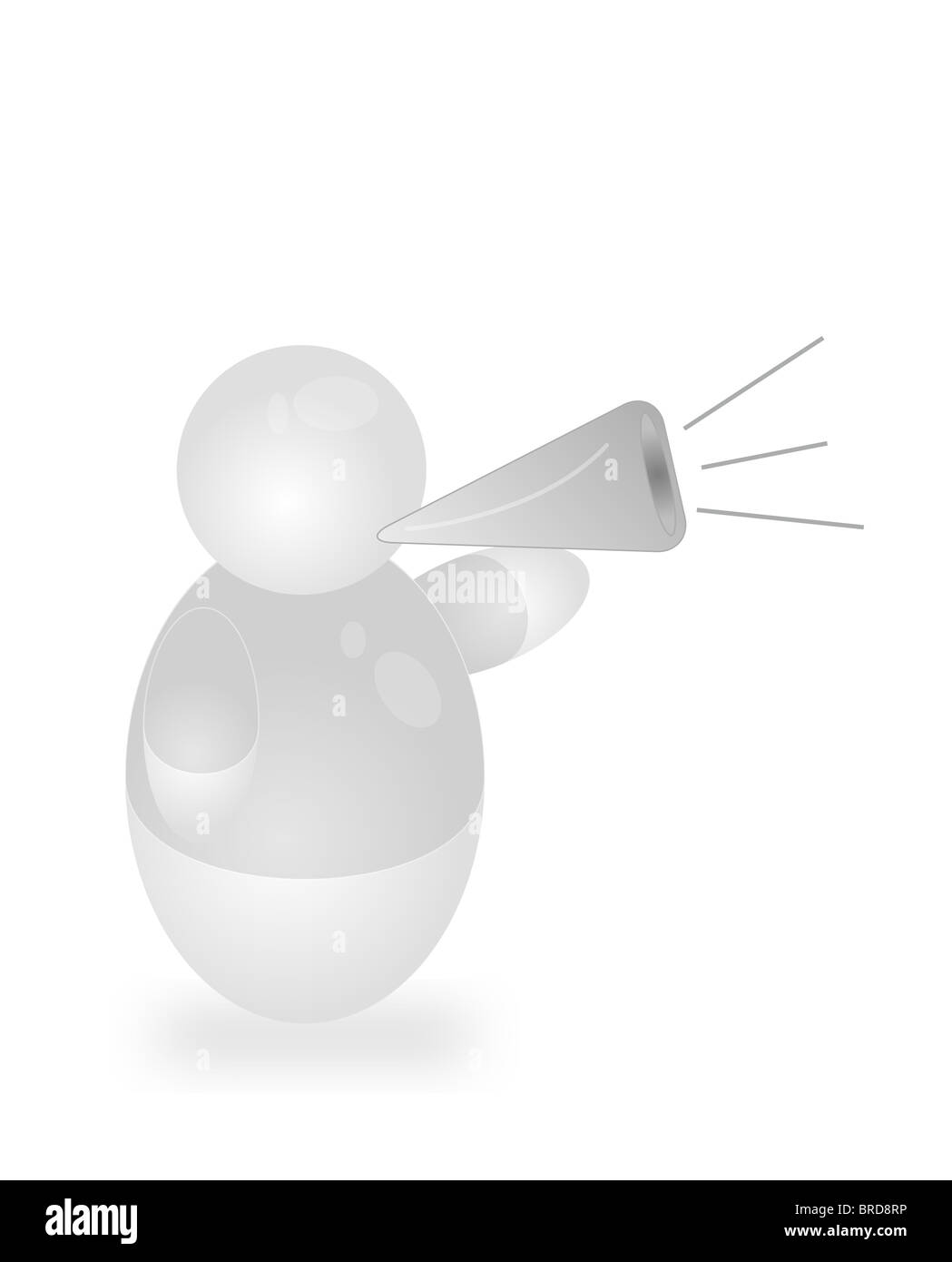 Eine stilisierte Person schreit durch ein Megaphon. Alle isoliert auf weißem Hintergrund. Stockfoto