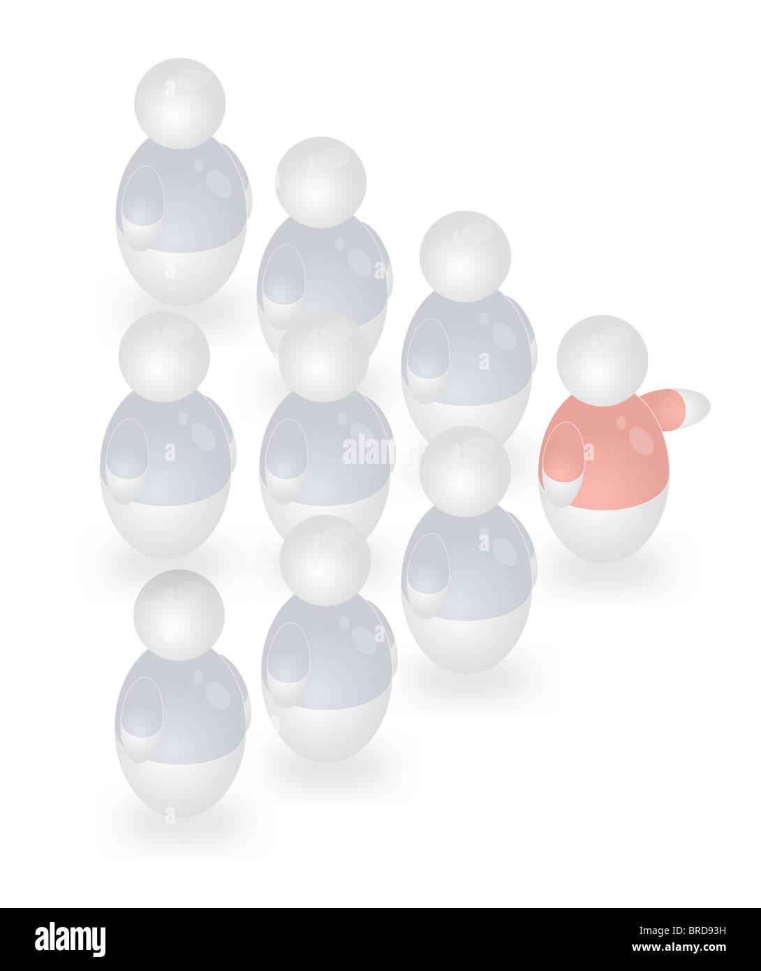 Eine Truppe von stilisierte Personen, die nach ihrem Anführer. Alle isoliert auf weißem Hintergrund. Stockfoto