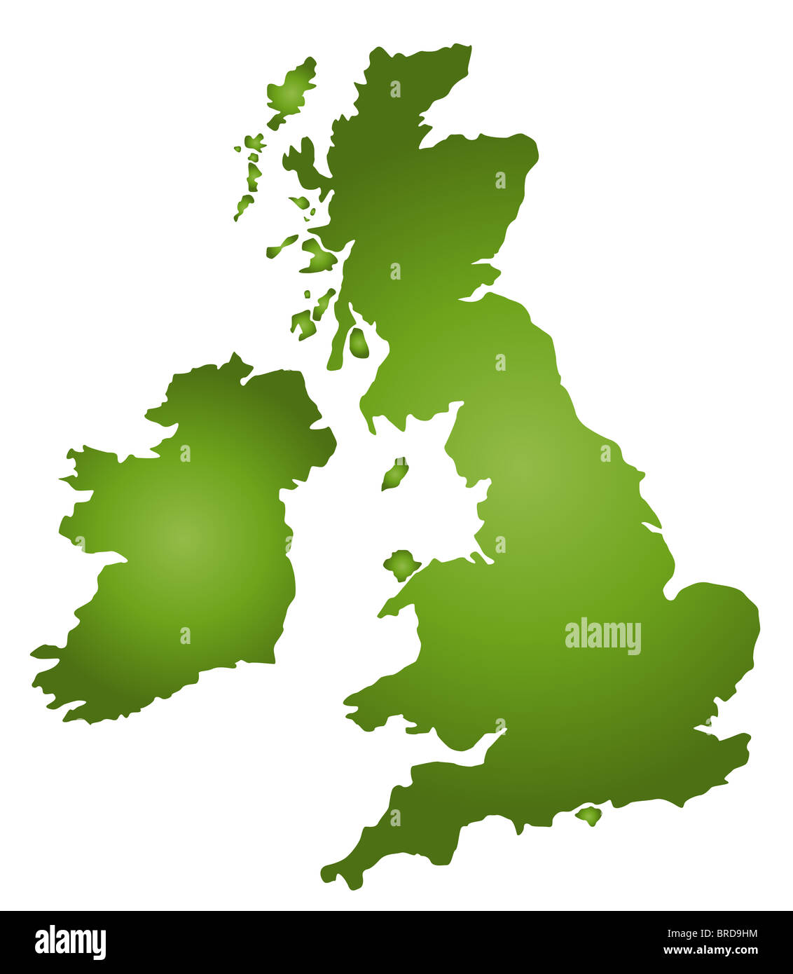 Eine stilisierte Karte des Vereinigten Königreichs im Grünton. Alle isoliert auf weißem Hintergrund. Stockfoto