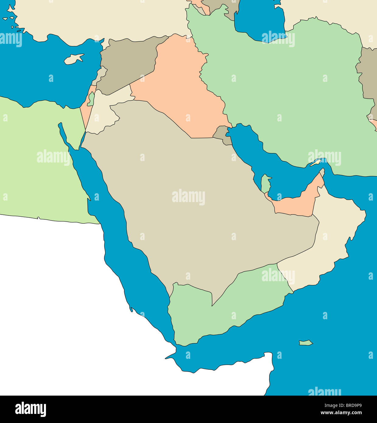 Stilisierte Landkarte von der Region des Nahen Ostens. keine Untertitel. Alle auf weißem Hintergrund. Stockfoto