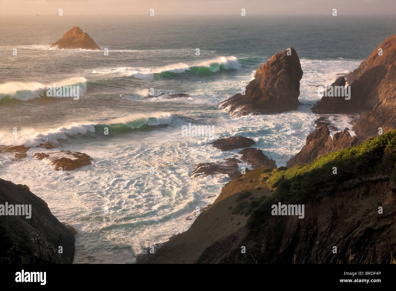 Sonnenuntergang und Wellen an Port Orford Köpfe State Park, Oregon Stockfoto