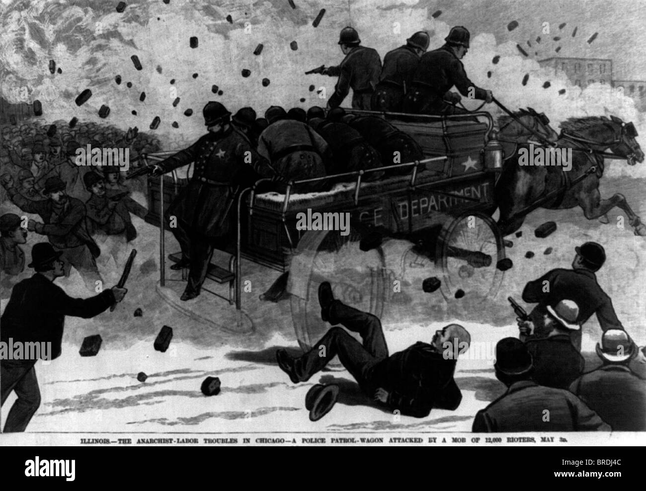 Der Anarchist Arbeit Unruhen in Chicago - angegriffen ein Polizei-Wagen von einem Mob von Randalierern, 3. Mai 1886 - Haymarket Affäre Stockfoto