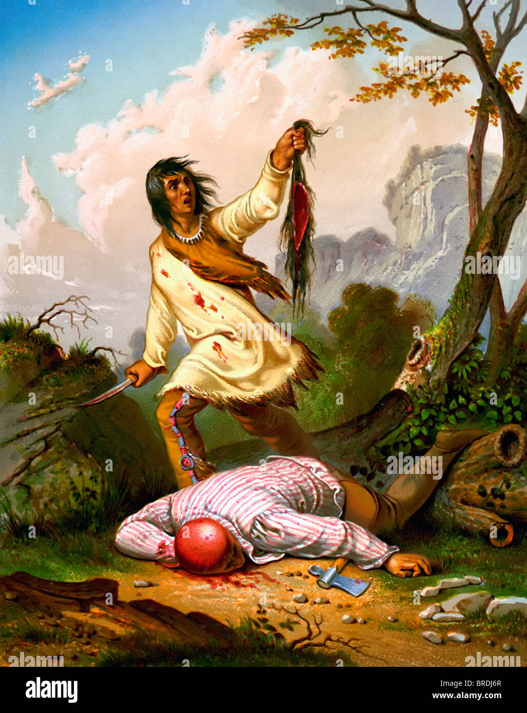 Der Tod-Schrei - An American Indian scalps eine Siedler Stockfoto