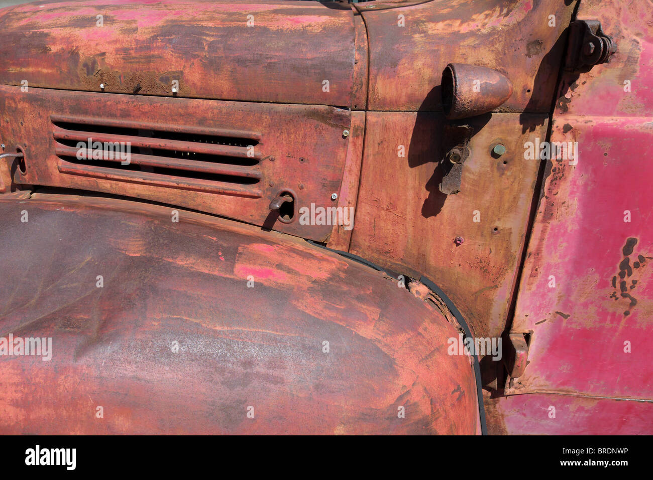 Eine Nahaufnahme von den Kotflügel und Motorraum von einem verrosteten alten Fargo Pick up Truck Stockfoto