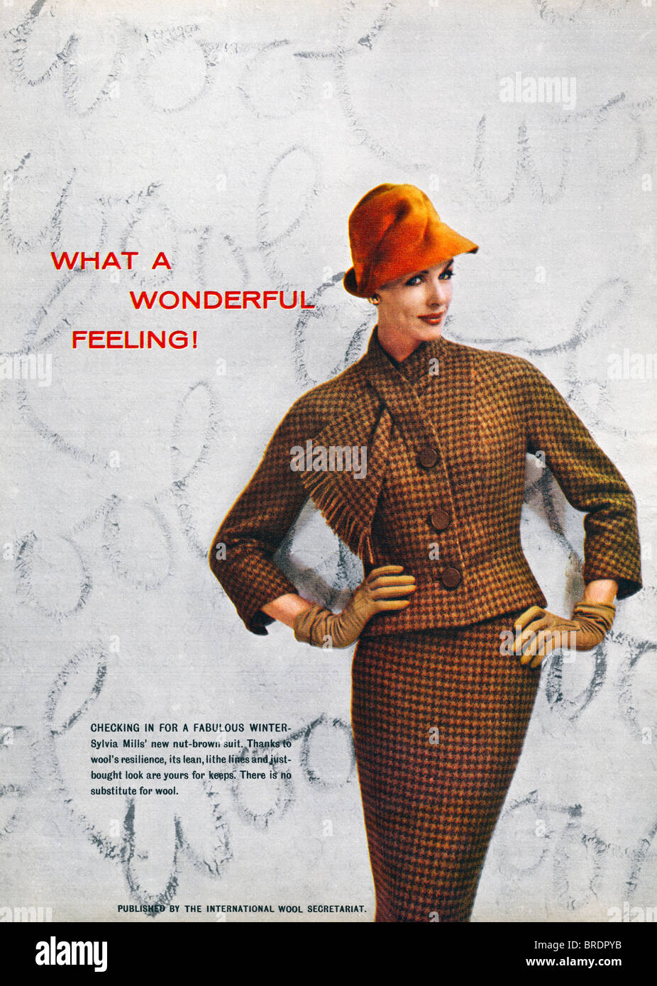 50 s Farbe Anzeige für Sylvia Mühlen Klage der International Wool Sekretariat in Mode Magazin ca. 1959 Stockfoto