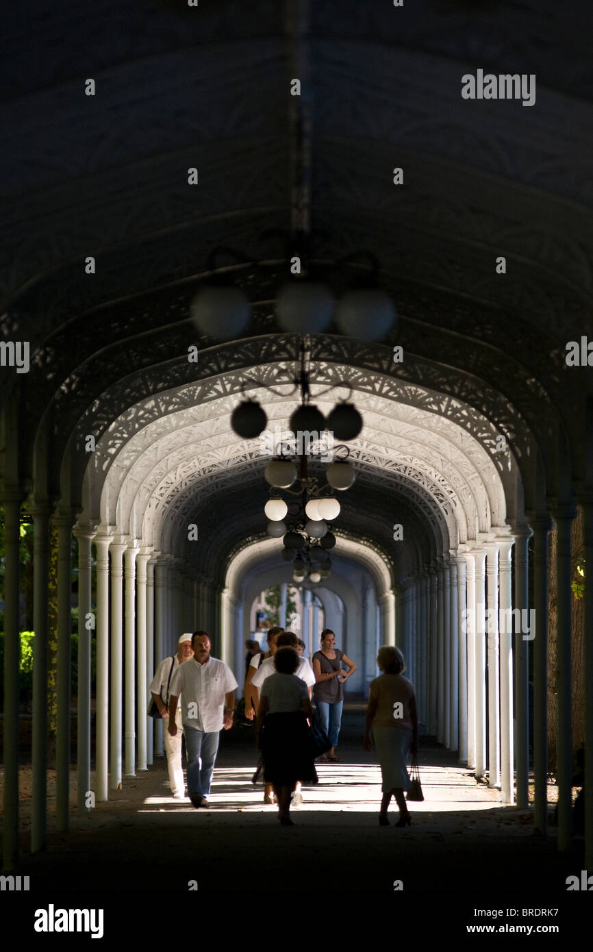 Überdachte Fußgängerzone Arkade mit den Park Springs in Vichy (Frankreich). Galerie découverte du Parc des Quellen de Vichy (Frankreich). Stockfoto