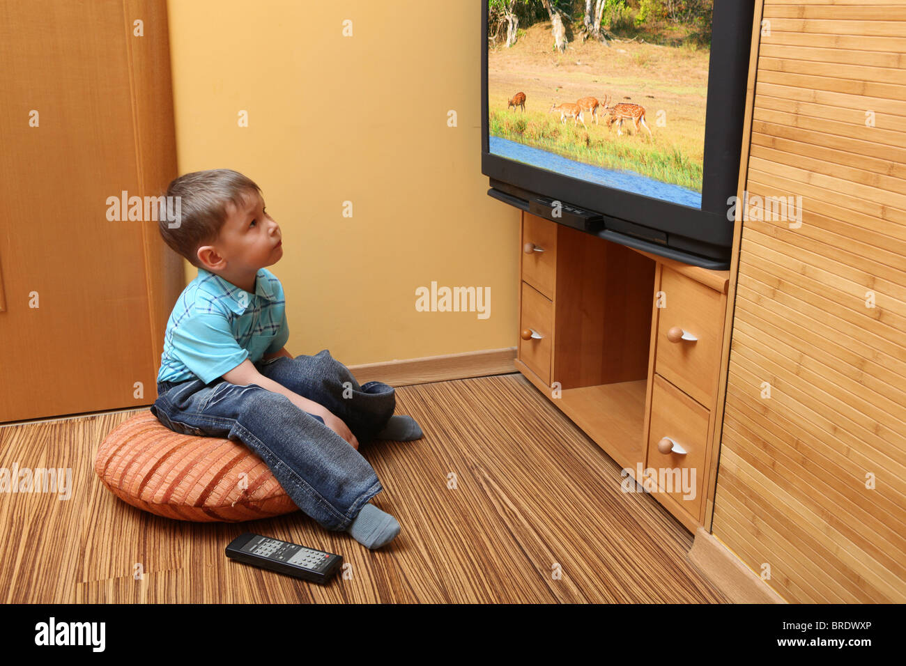 Kleiner Junge Kino im Fernsehen anschauen Stockfoto