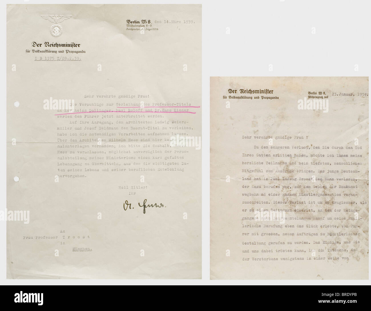Professor Gerdy Troost, zwei Briefe aus dem Kondolenzbrief von Dr. Josef Goebbels anlässlich des